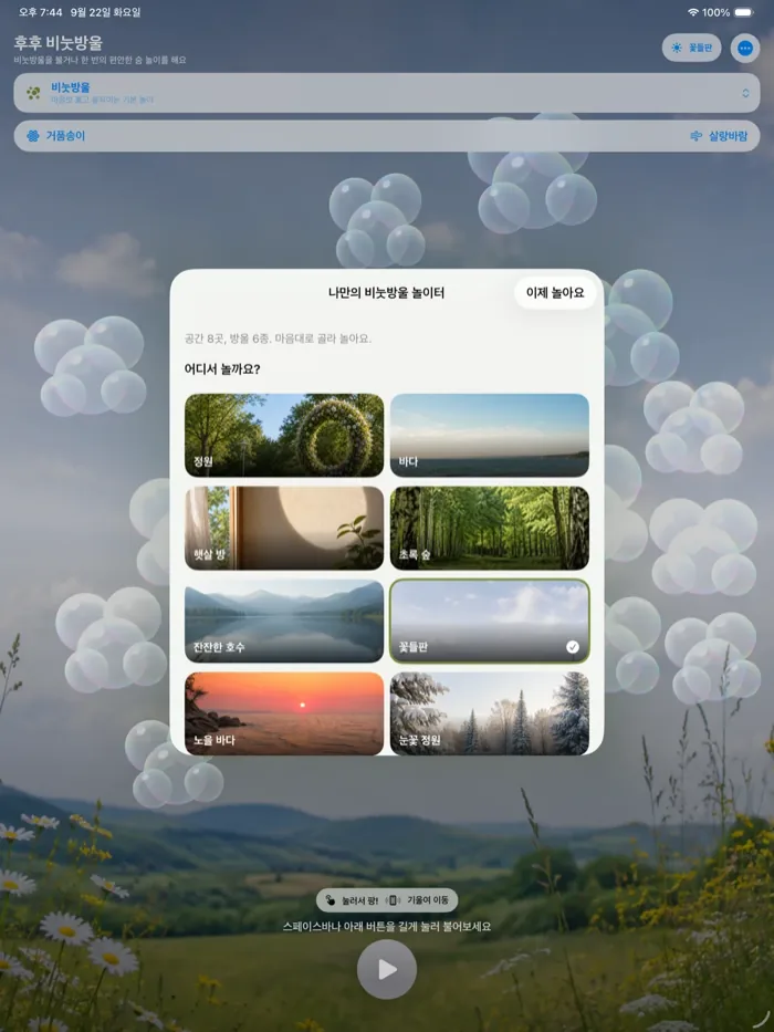 iPad의 꽃들판 위에 열린 놀이터 선택 시트